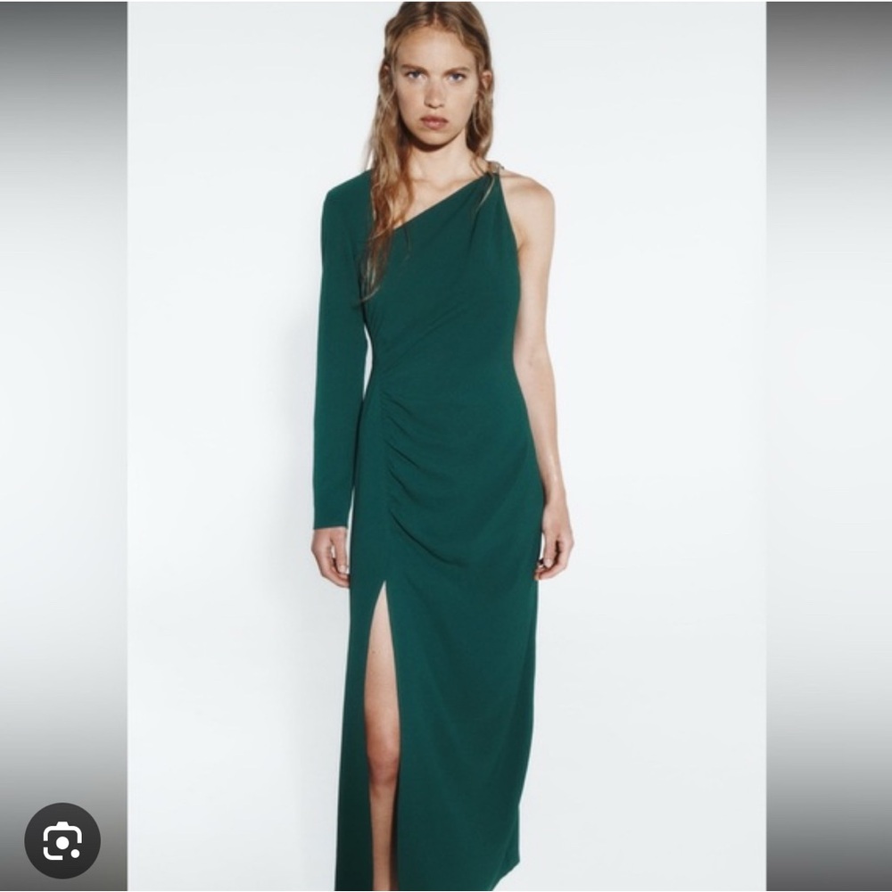 Zara One-Shoulder ASYMMETRIC DRESS Emerald Green and Gold glam Holiday‎ Party
